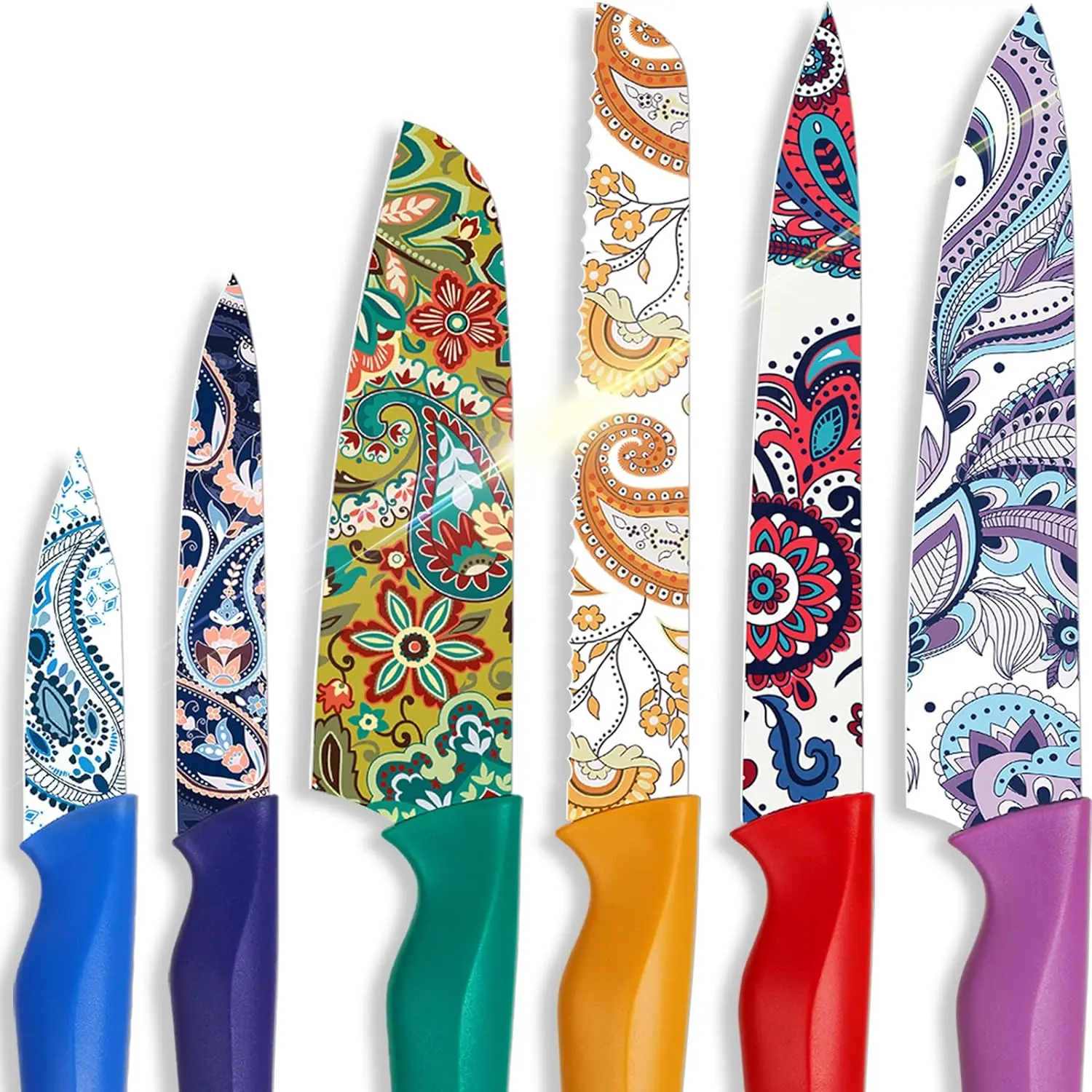 Astercook 6-Piece Color Knife Set, Paisley Pattern, Rust-Resistant Stainless Steel Knives, 6 Blade Guards, Dishwasher Safe. Utensils Kitchenware