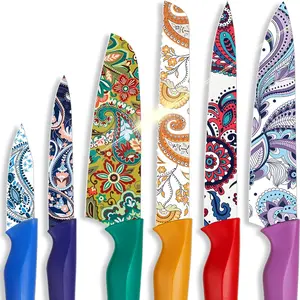 Astercook 6-Piece Color Knife Set, Paisley Pattern, Rust-Resistant Stainless Steel Knives, 6 Blade Guards, Dishwasher Safe. Utensils Kitchenware