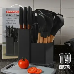 19 Piece Kitchen Knife Set, Silicone KitchenUtensils Set, Clear Storage Rack, Can Cut Meatand Vegetables, Can Cook Noodles, Can MakeSoup, Can Stir-Fry, Gift Set. pots pans set. Nonstick Cookware Wooden Stylish White Black