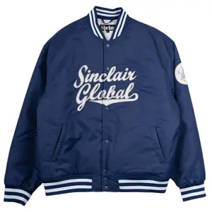 Men's Satin Varsity Jacket - Sinclair Script Logo, Blue White, Longsleeves, Casual Menswear Outerwear