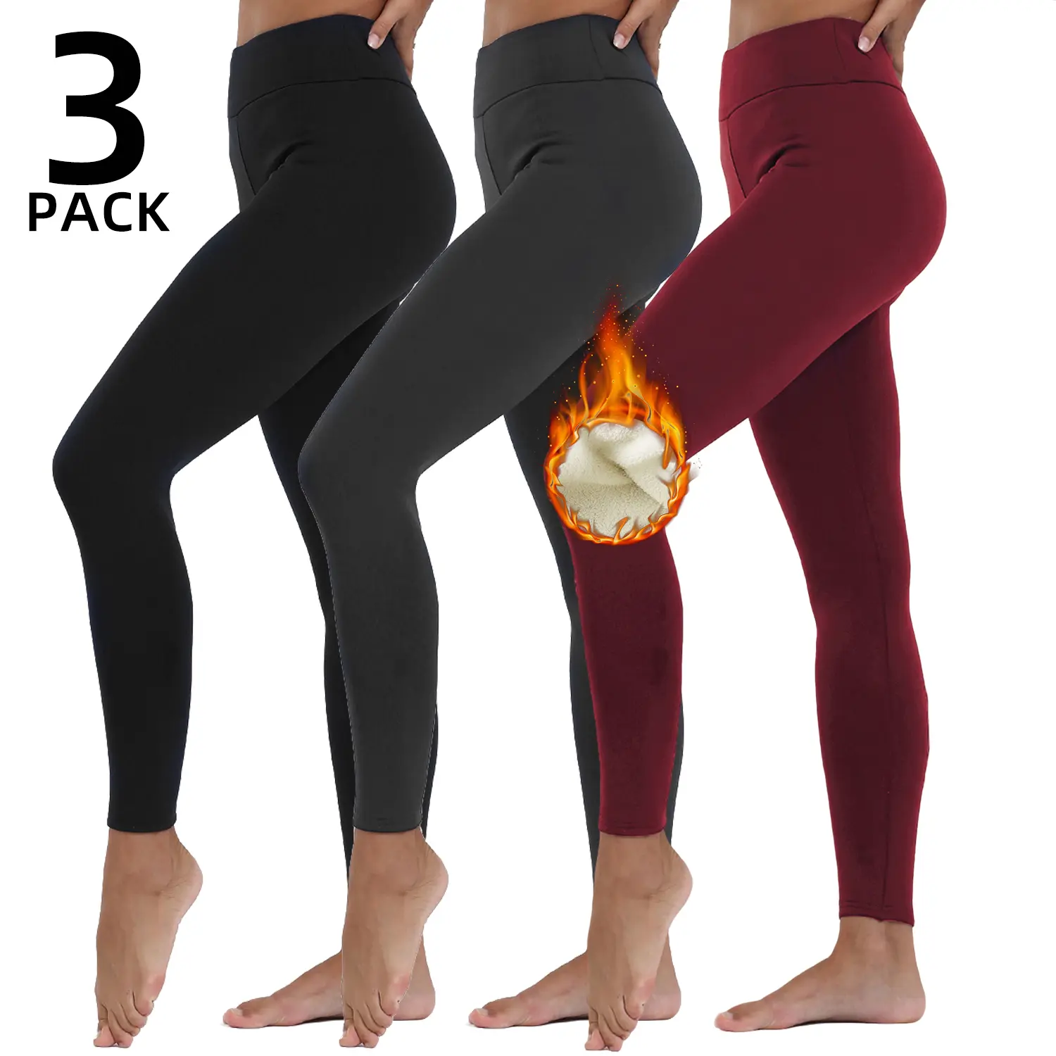 Women’s Fleece-Lined Wool Compression Leggings (3 Pieces - Black + Dark Gray + Navy Blue), Thick Warm Comfortable Plain Slim-Fit Long Athleisure Bottoms for Winter Yoga, Outdoor Sports, Active Casual Wear