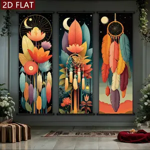 Boho Style Wall Art Set, Floral & Feather Design Canvas Prints, High-Quality Plastic Hanging Decorations for Living Room Bedroom