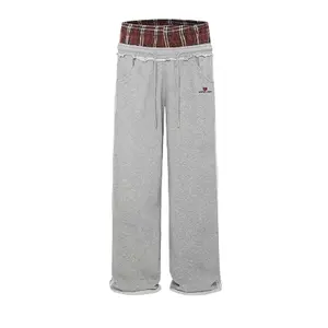 New fashion trends Double Waist Plaid Patchwork SweatPants Baggy Wide Leg Sweatpants for Women Loose Long Pants with Pockets