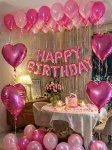 247PCS Pink Happy Birthday Balloon Set – Foil & Latex Balloons, Heart-Shaped, Self-Sealing, DIY Decor with Glue & Ribbon