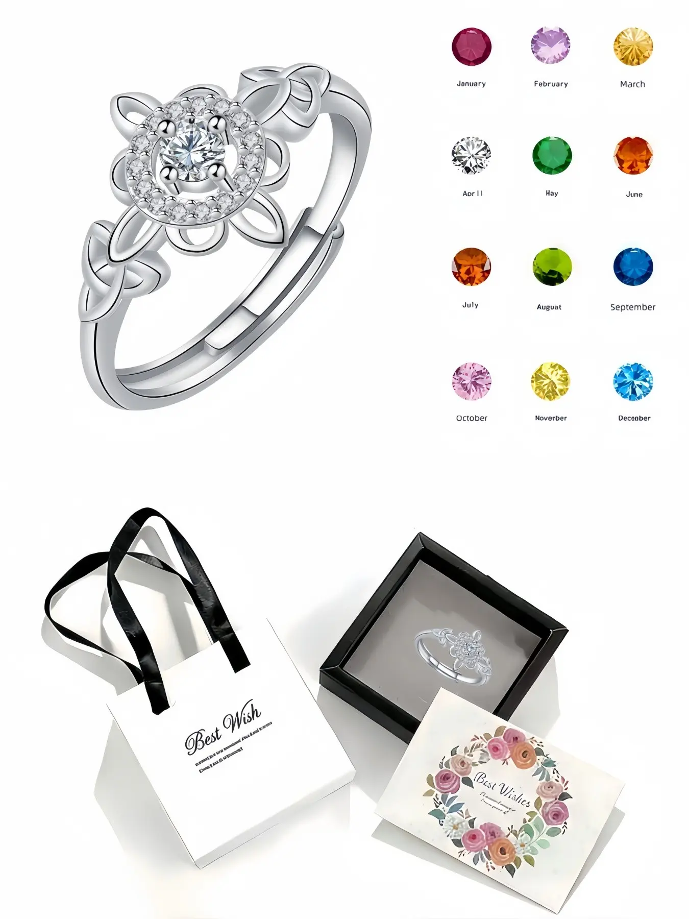Diamond Flower Shadow Ring Celtic niche luxury sparkling ring with twelve birthstones.Comes with an exquisite drawer-style jewelry gift box for women.Perfect for birthdays, Mother's Day, Valentine's Day, Christmas and anniversaries.