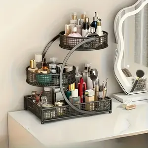 3-Tier Bronze Spiral Metal Makeup Organizer 🧴 - No-Assembly Vanity Storage Rack with Mesh Basket, Space-Saving Vertical Stand for Lipsticks, Skincare & Brushes, Bathroom/Dresser Organizer, Desktop Makeup Organizer