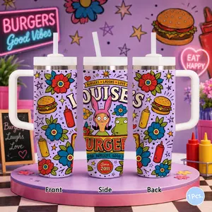 Bobs B-Burgers Fast Food Drinkware Vacuum Flasks 40oz Stainless Steel Vacuum Insulated Tumbler with Handle & Straw | Long-Lasting Cold & Heat Retention, Leak-Resistant | For Iced Coffee, Water, Office, Gym & Travel