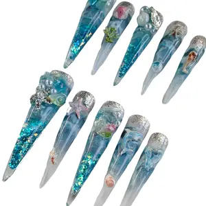 Colorful 2.1 inches long stiletto and square water glitter nails 10Pcs Handmade High Quanlity Acrylic Press on Nails Beautifull Nails Polish Party Luxury Fashion Comfortable and Reusable Nails