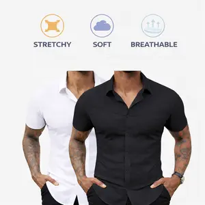 2-Pack AMZPURE Men's Stretch Slim Muscle Fit Short Sleeve Dress Shirts Casual Button-Down Style Perfect Menswear for Dad FathersDayGift