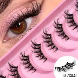 8 Pairs Cat Eye Lashes Wispy Half Eyelashes Lightweight Natural Look Airy False Lashes Reusable Self-Adhesive Faux Mink Lashes With Transparent Stem,Tail Elongated Eyelashes,Suitable for All Occasions, Daily, Beginner-friendly