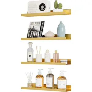 4 Pack Metal Floating Shelves for Wall Storage, Gold Hanging Shelves for Living Room/Kitchen/Bedroom/Bathroom Decor, Set of 4 Organizer for Display, Book & Perfume Shelf Wall Mounted