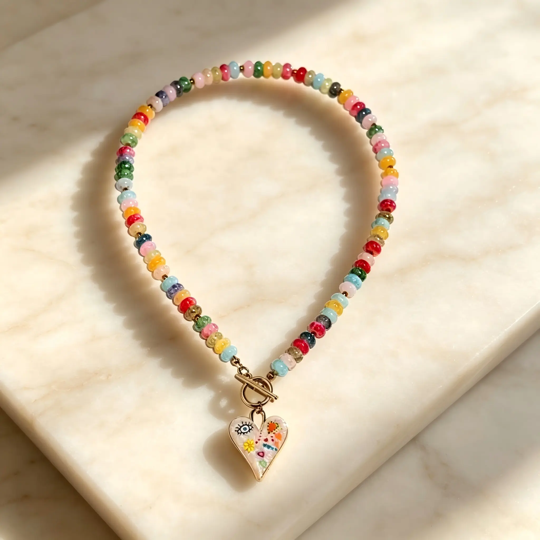 Women's Short Vintage Passion Heart Alloy Costume Necklace - Colorful Energy Design with Crackle Bead, Toggle Clasp, Casual Beach Jewelry, Affordable Gift for Couples, Costume Necklaces, Colorful Energy Necklace