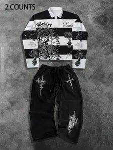 Men’s Gothic Saint Graphic 2-Piece Set – Striped Long Sleeve Polo & Loose Fit Shorts | Dark Streetwear Outfit