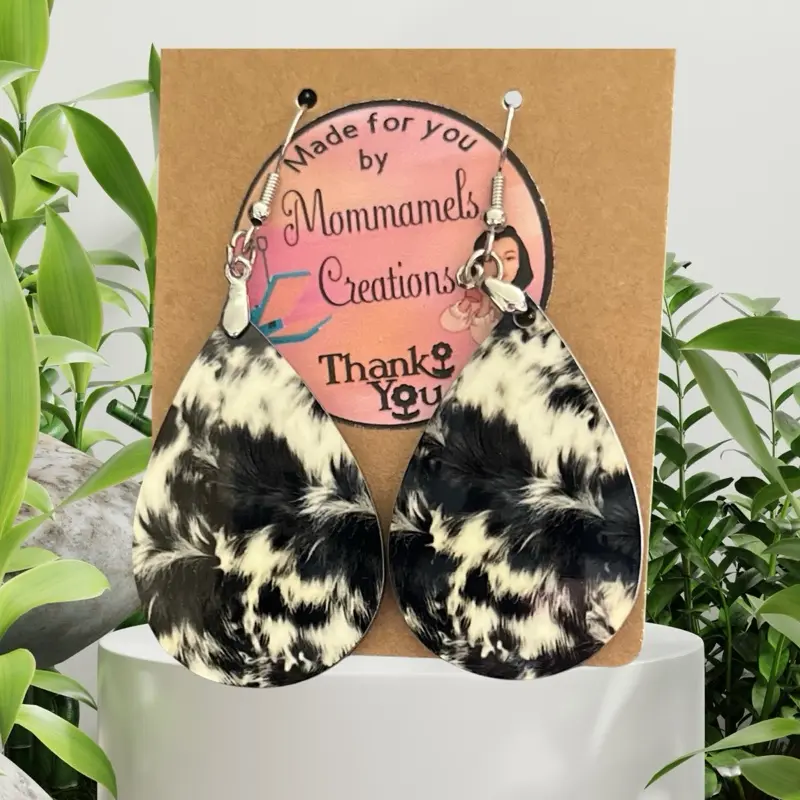 Mommamels Creations Sublimation MDF Tear Drop-Shaped Cow Print Earrings - 1.5-Inch Double Sides with Sterling Silver Hooks, Women Earring Accessories