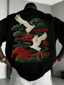 Unisex "Celestial Grace" Crane Graphic Oversized Sweatshirt | Premium Cotton | Oriental Pine & Crane Print | Dark Aesthetic | Y2K Grunge Streetwear | Trendy Urban Casual Top