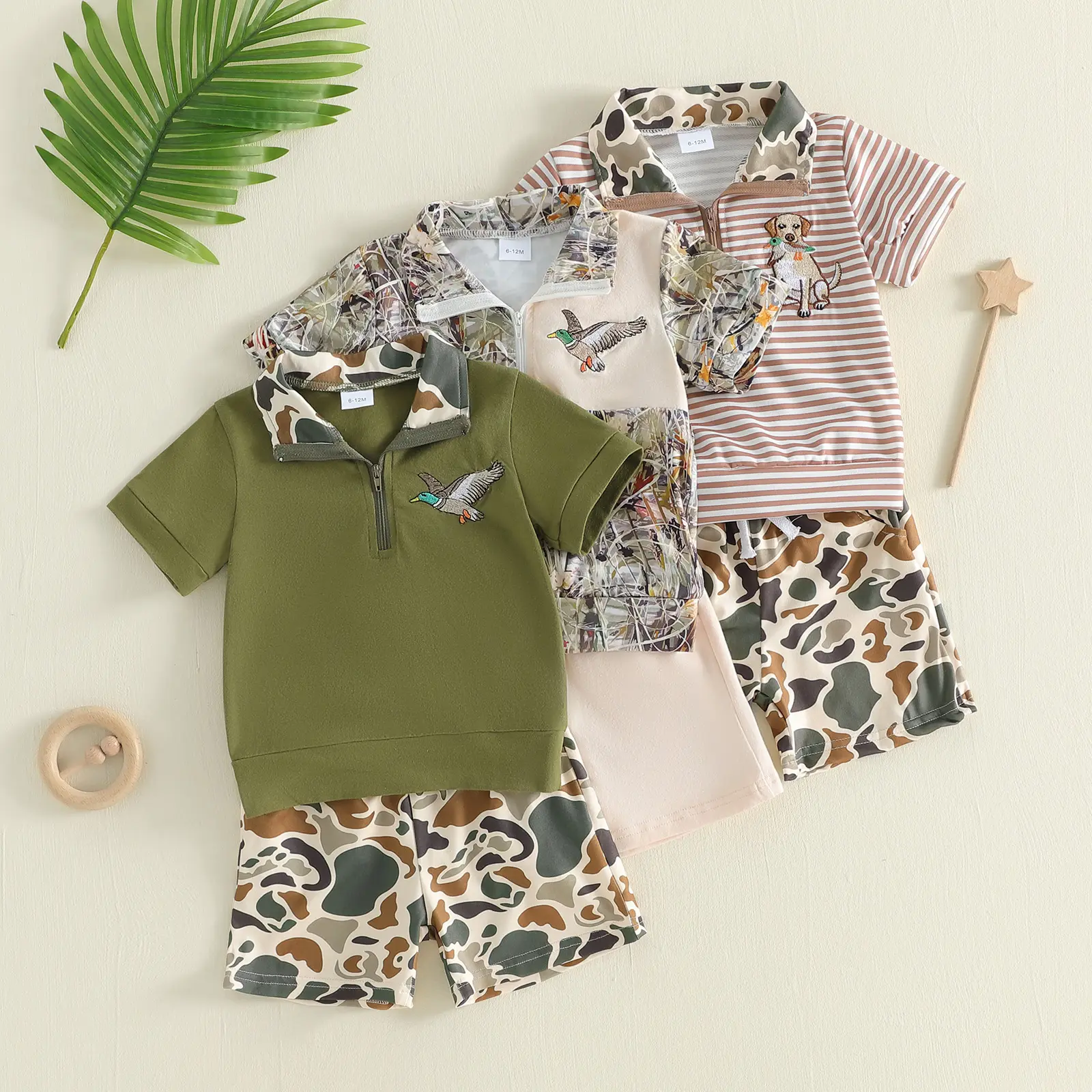Kupretty Kids Toddler Baby Boys 2-Piece Summer Hunting Outfits Set - Half-Zip Short Sleeves Mallard Duck Print Polo Top, Camouflage Pants, Cotton Blend, Wild Look, Two-Pieces