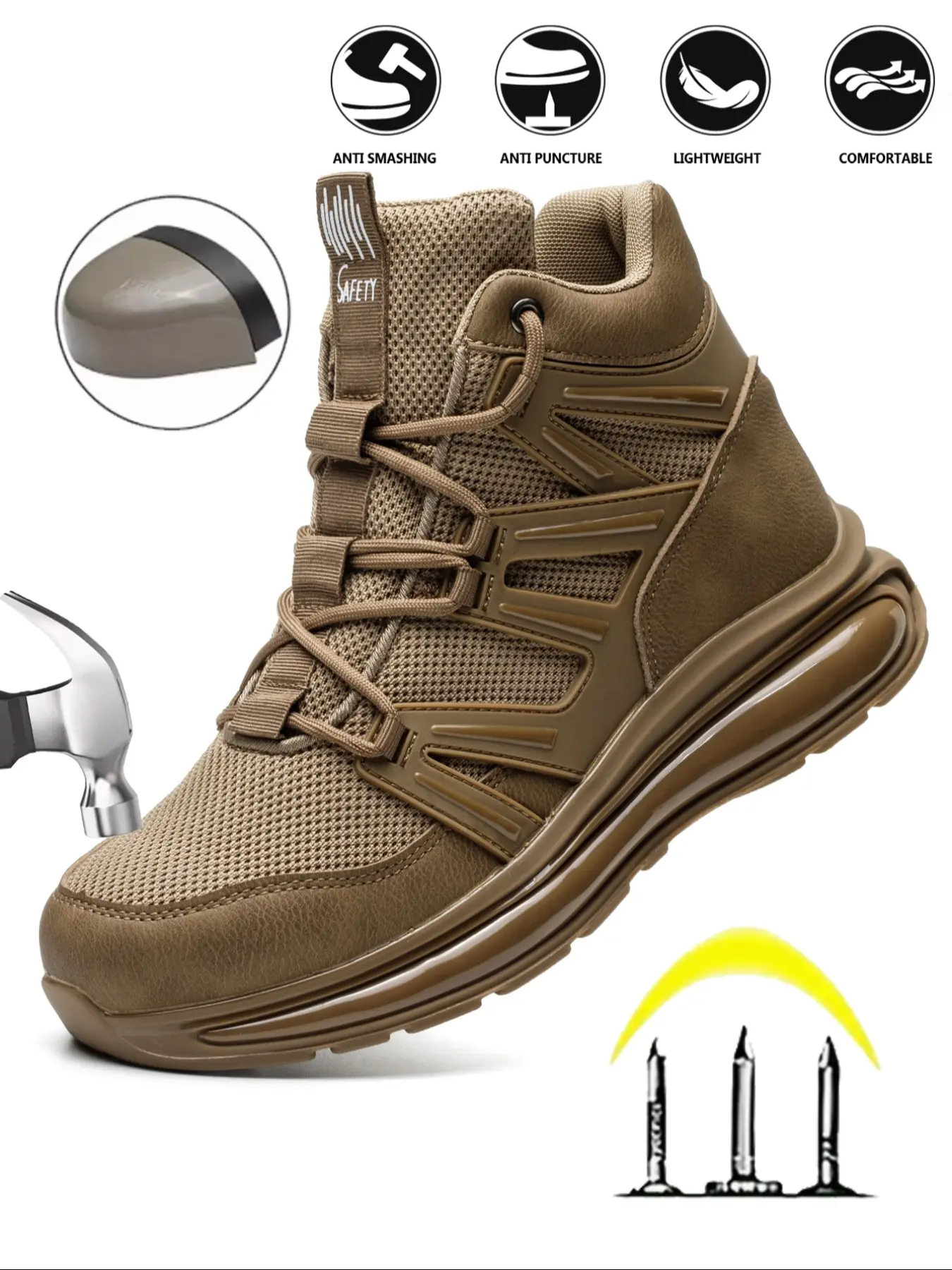 Men's Letter Pattern Steel Toe Slip Resistant Puncture Proof Construction Safety Work Shoes As Gift, Lightweight Breathable Anti-slip Protective Work Shoes Steel Toe Sneakers