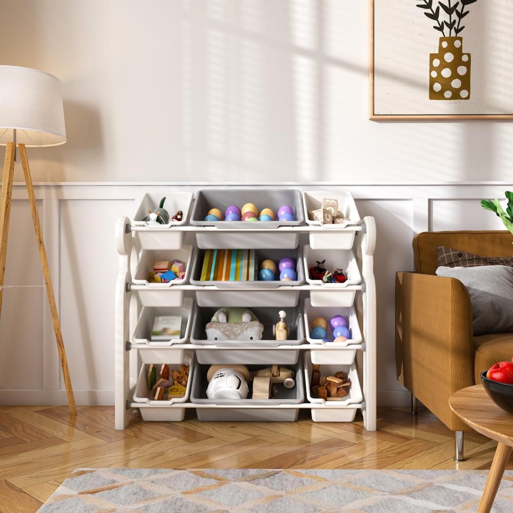 Kids Toy Storage Organizer with 12 Bins – Grey & White Nursery Organizer Cabinet, HDPE Bins & Shelf for Playroom, Bedroom, Living Room