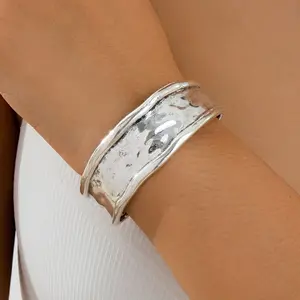 Bohemian Chic Wide Vintage Silvery Chunky Bracelet Exaggerated Women Bangle Adjustable Wide Wristband Vacation Travel Beach Fashion Accessory Wide Bracelet