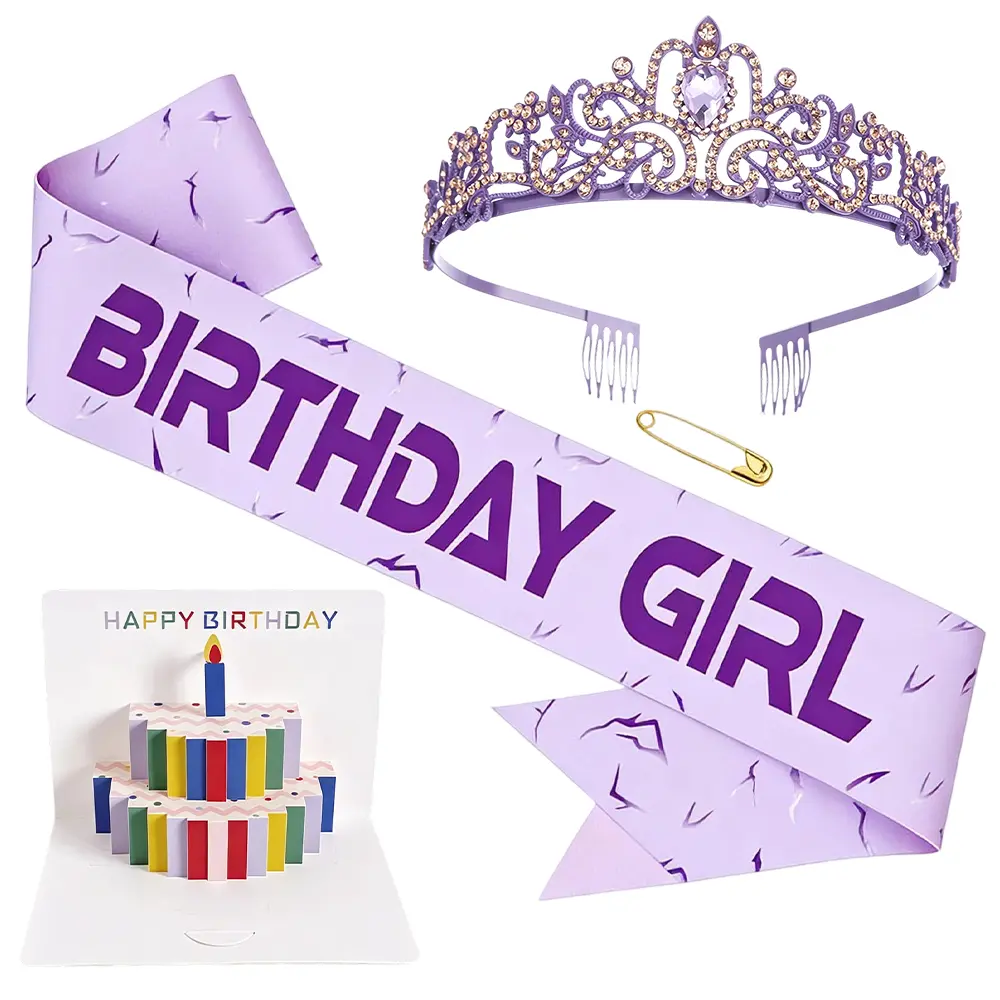 Birthday Girl Sash & Sparkly Headband, Party Decorations for Fans | Purple Crack Energy Pattern, Reusable, Adjustable Sash, Birthday Decorations Sash for Birthday Graduation Bachelor