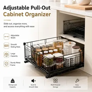 1 Adjustable Metal Pull-Out Cabinet Organizer - Screwless Sliding Drawer with Easy-to-Install Peel Adhesive, Ideal for Kitchen Storage and Organization | Modern Kitchen Organizer | Stylish Metal Finish in Black and White (DM088)
