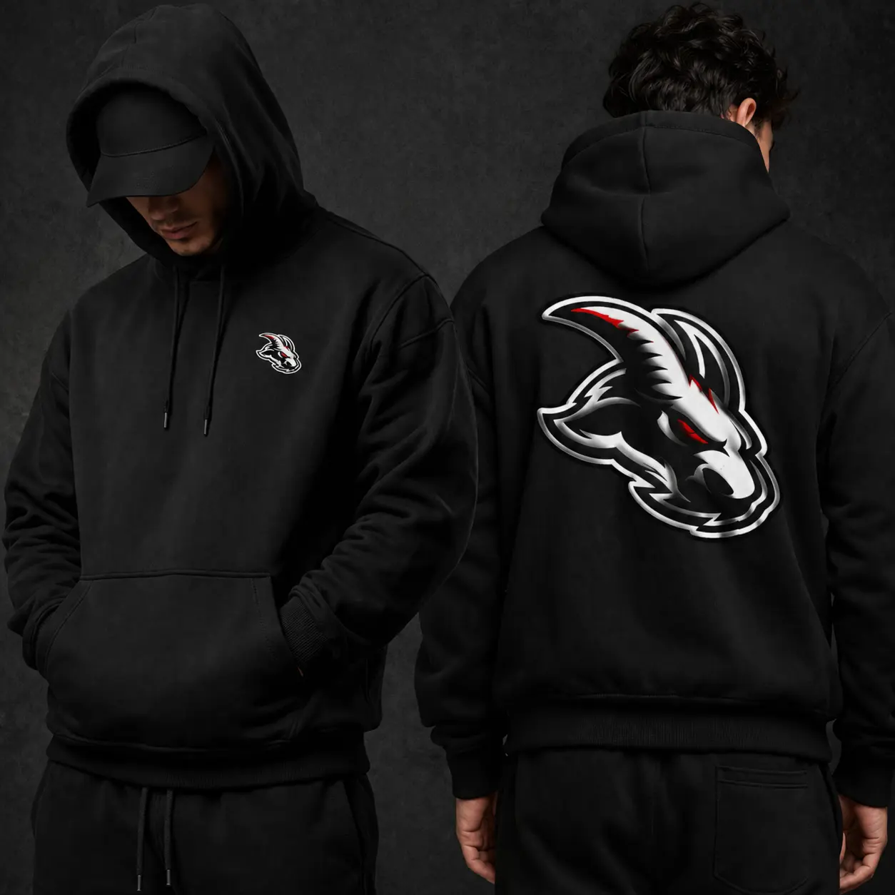 Angry Goat  Hoodie with DTF Back Side Design and  Front Logo Embroidery  for Menswear Sweatshirts