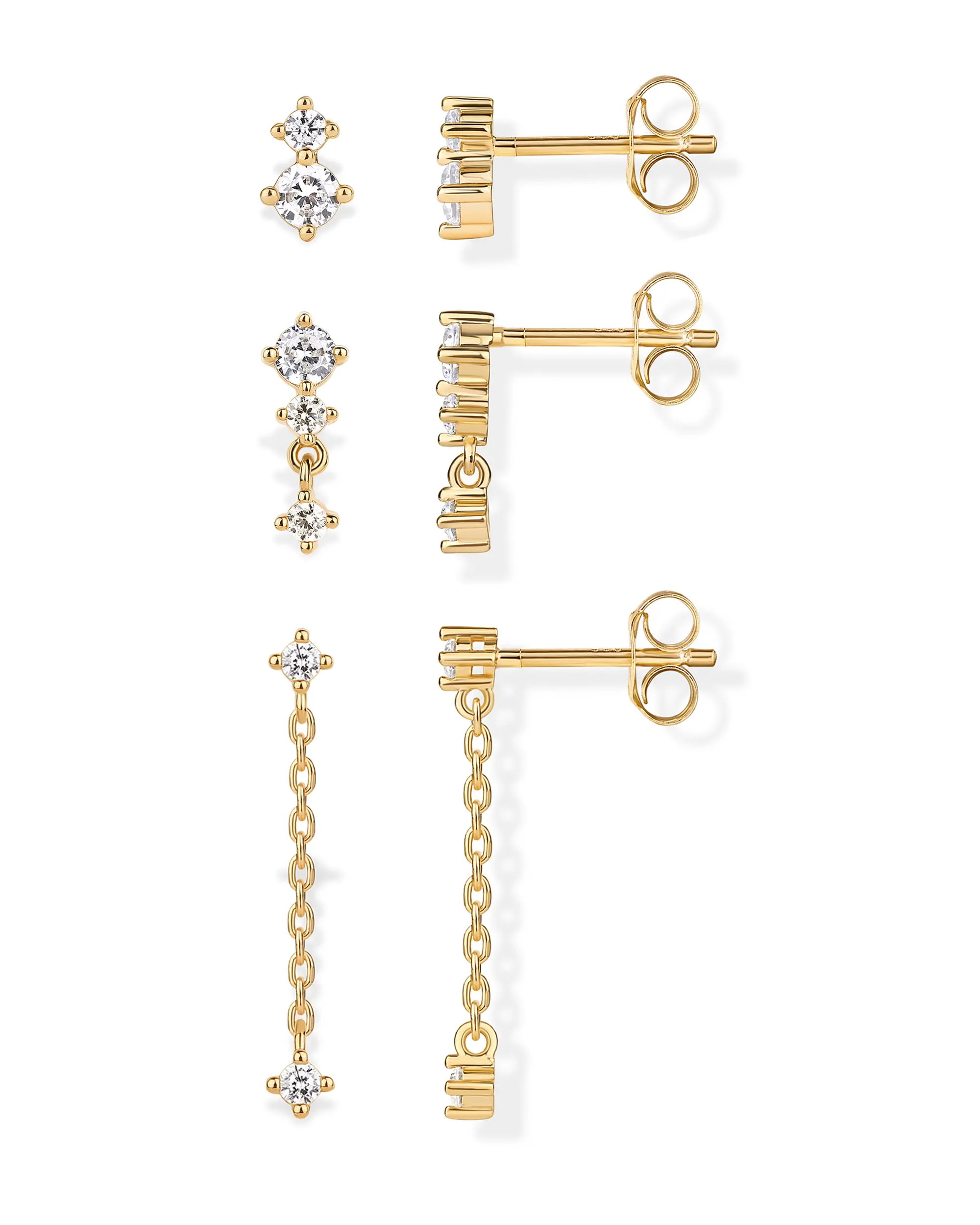 PAVOI 14K Gold Plated Sterling Silver Posts Dainty Stud and Dangle Chain Earring Pack for Women - Set of 3 Cubic Zirconia Earrings -