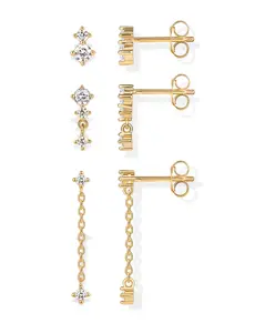 PAVOI 14K Gold Plated Sterling Silver Posts Dainty Stud and Dangle Chain Earring Pack for Women - Set of 3 Cubic Zirconia Earrings -