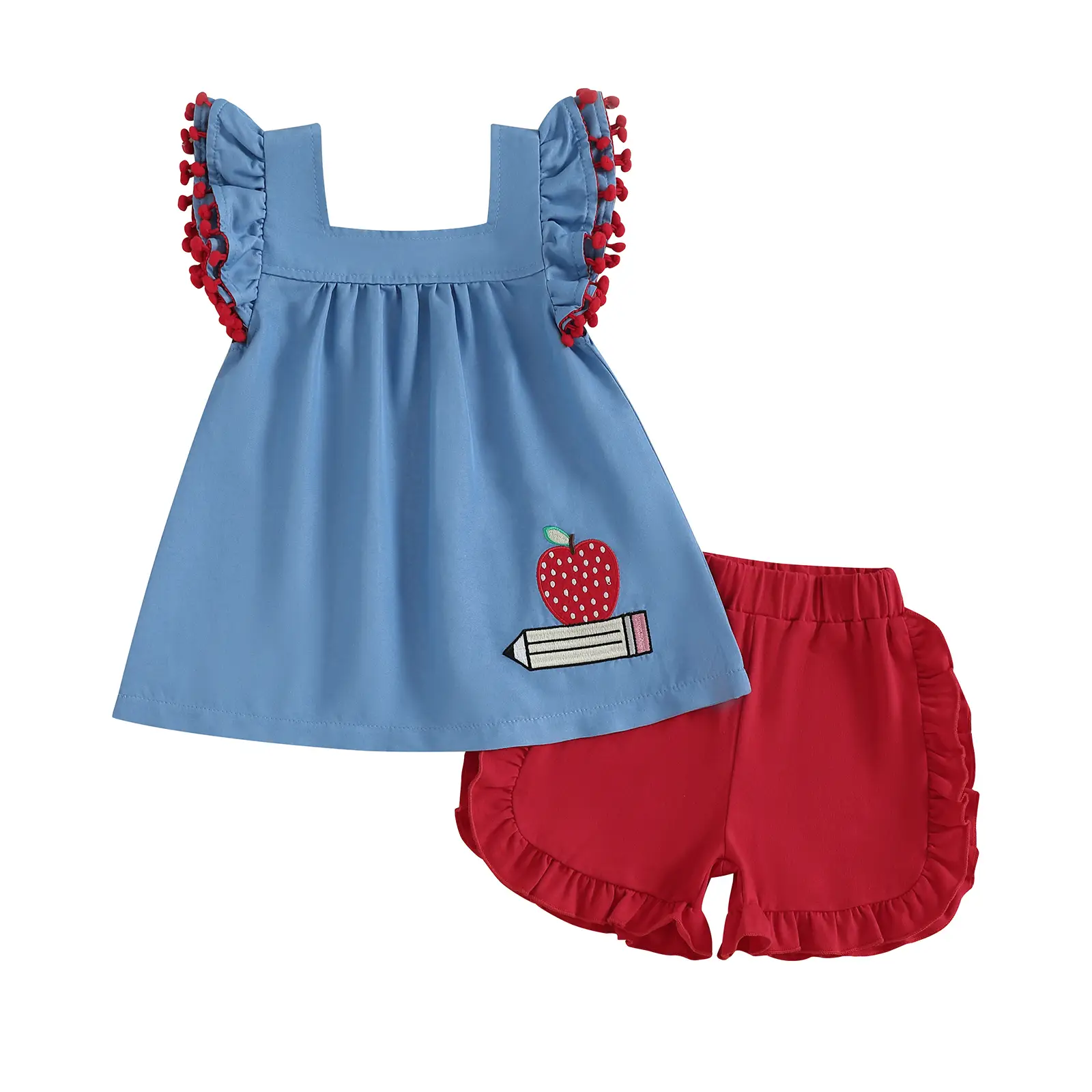 Kids Girl Summer Outfits Apple Pencil Embroidery Fly Sleeve Tops Elastic Waist Shorts 2Pcs Back to School Clothes Set