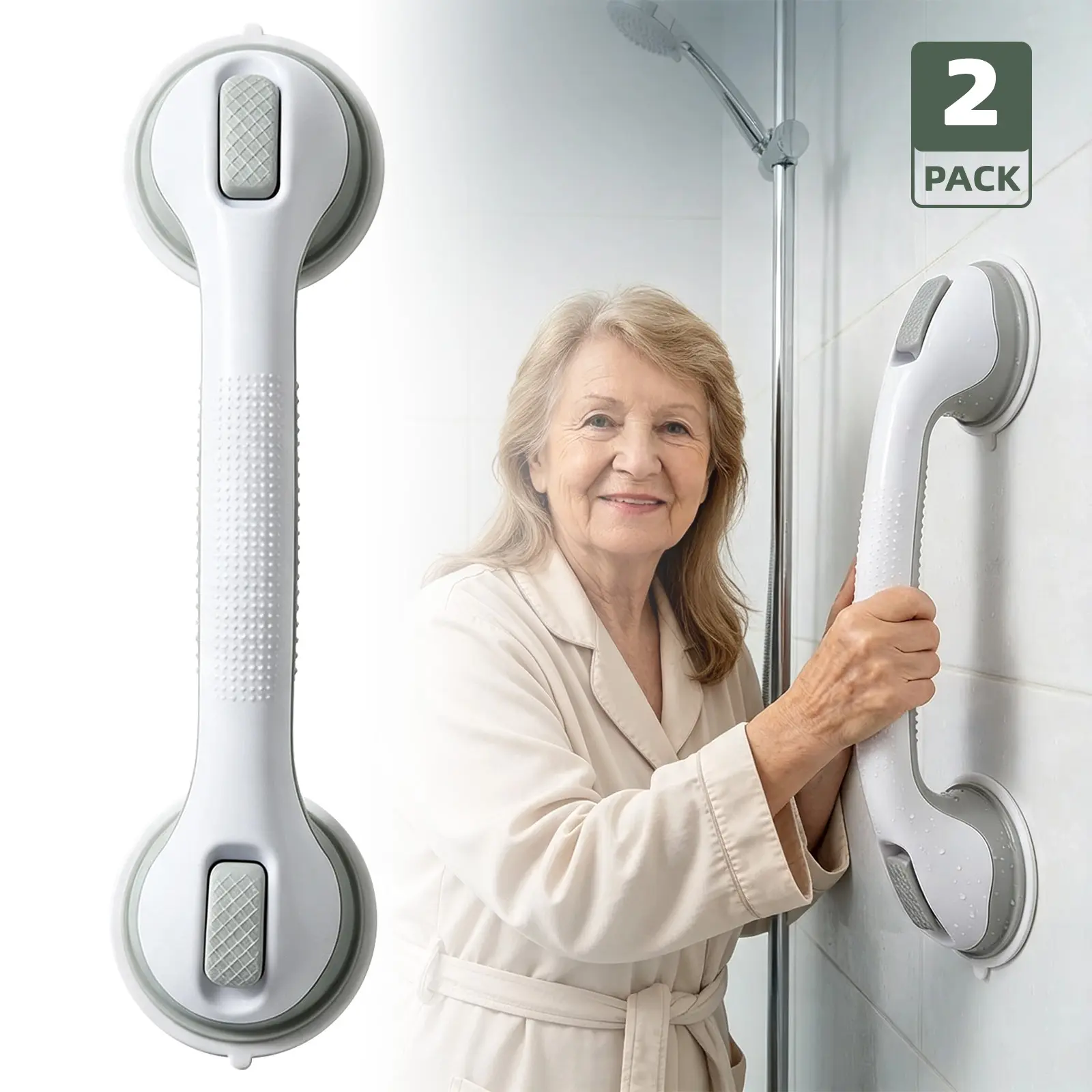 2 Pack Shower Grab Bar 16 Inch Suction Cup Grab Bars for Bathroom & Shower, Removable Shower Safety Handle, Heavy Duty Bathtub Grip for Seniors & Elderly, Strong Handrails No Drilling Waterproof