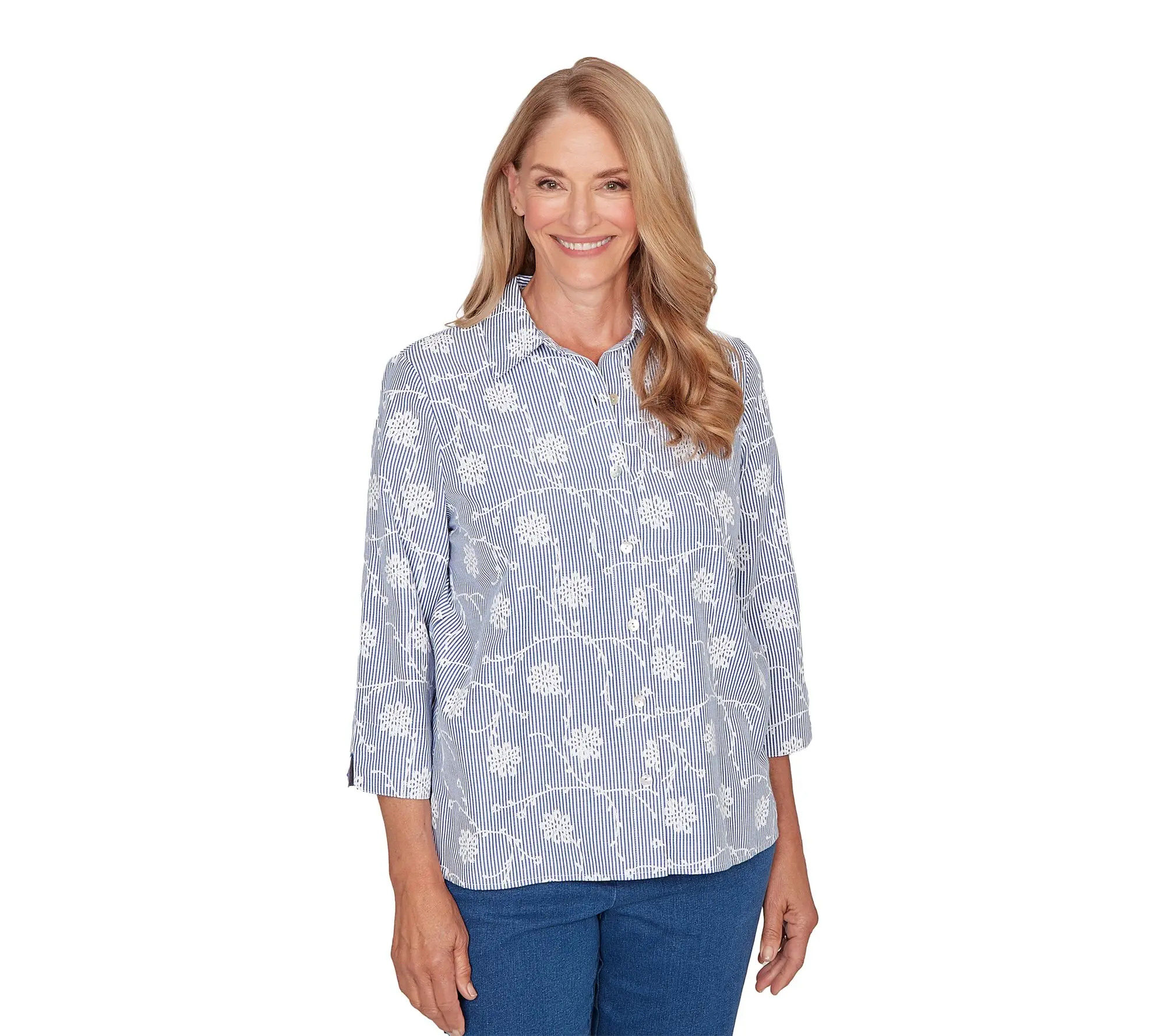 Alfred Dunner Petite Puff Print Embroidered Pinstripe Top