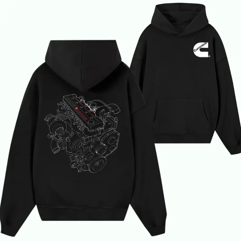 Cummins Diesel Engine Blueprint Hoodie – Turbo Motor Schematic Graphic Pullover, Heavy Duty Truck Enthusiast Sweatshirt, Mechanical Line Art Gift for Gearheads