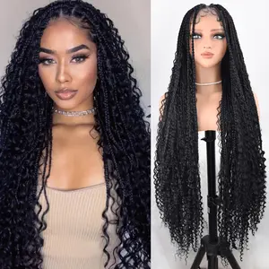 ZIHAN Bohemian Braided Wig for Black Females, 36-Inch Full Lace Knotless Heat Resistant Synthetic Wig with Baby Hair, for Party & Easy Care, Braided Wigs