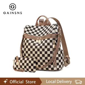 GAINSNS Checkered Plaid Backpack for Women 2Pcs Set Plaid Shoulder Bag with Wristlet Wallet Casual Trendy Versatile High-quality Daily Commuting Bag for Daily Used