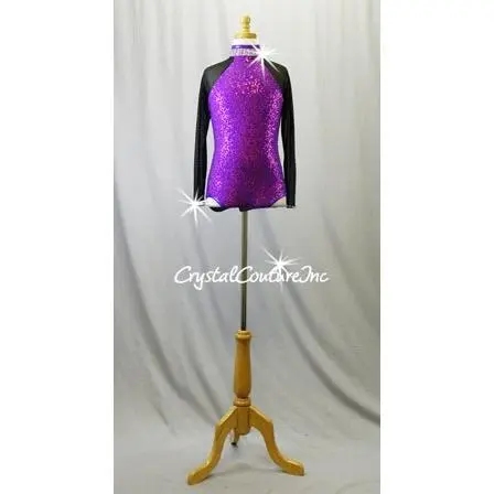 Purple Sequined Leotard with Black Sparkly Mesh Sleeves - Swarovski Rhinestones