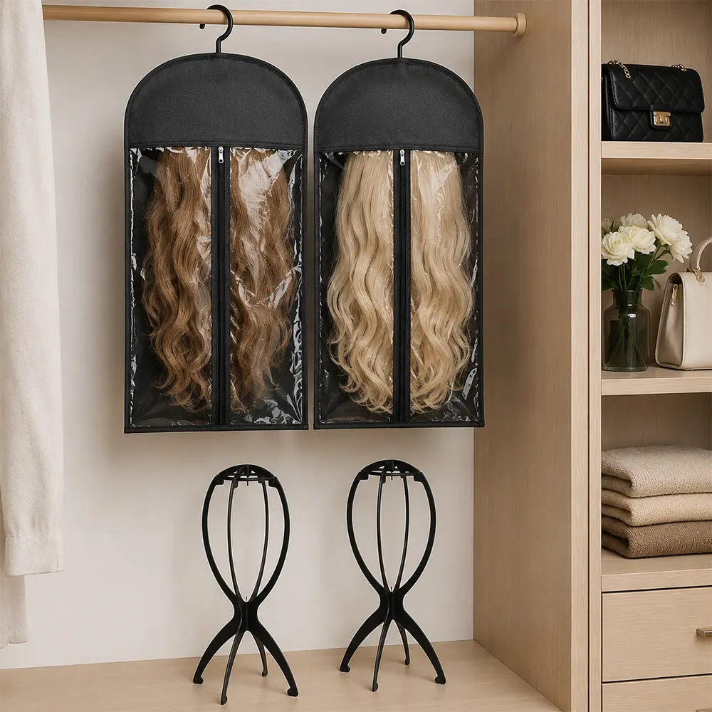 2 Pcs Wig Storage Bags with 2 Pack Wig Head Stand, Travel Wigs Holder Hat Display Wig Set for Home Salon Use (Black) - Home Improvement.