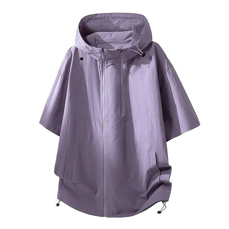 Summer solid-color sun-protection jacket with hood, zipper, elastic drawstring, and pockets; short-sleeve shirt. Men’s outdoor casual sports breathable quick-dry cool-touch UV-protective streetwear jacket. Unisex design for everyday wear and vacations. su