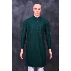 Green Men's Lakhnavi Kurta with Resham Work
