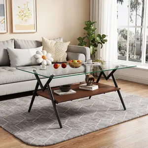 Modern Rectangle Black Glass Coffee Table | Tempered Safety Design & Anti-Tip Frame - Multi-Scenario Center/Side Table for Living Room Furniture Sets