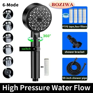 6-Function High-Pressure Filtered Shower Head — features adjustable angle, multiple spray modes, 4 extra filters, 59‘’ hose, shower bracket, and soft silicone nozzles. Strong pressure or gentle flow for a better shower experience. Black