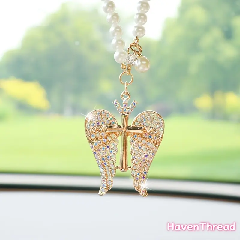 Creative Diamond-Encrusted Crown Angel Car Charm, Exquisite Angel Wings Rearview Mirror Hanging Decoration, Cars Accessories, Car Charms