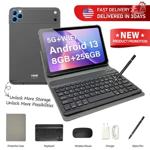 2026 Family 2-in-1 Android 13 Tablet, 10.1” Large Screen, 8GB RAM 256GB Storage, Keyboard, Mouse, Stylus, Case Bundle for Kids Learning & Home Use