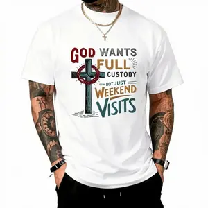 Men's Christian Faith T-Shirt "God Wants Full Custody Not Just Weekend Visits" - Religious Saying with Cross & Bible Verse Design, Casual Crew Neck Short Sleeve, Black with Red/Teal Lettering
