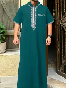 Men's Moroccan Style Embroidered Hooded Long Robe, Modesty Thobe, Zipper Design Islamic Prayer Gown, Perfect Ramadan Gift for Muslim Men