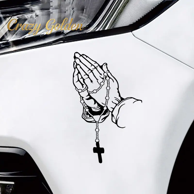 Personalized Rosary Hand Gesture Car Decal — Waterproof Rear Window & Body Decoration Sticker (Cross Gesture)