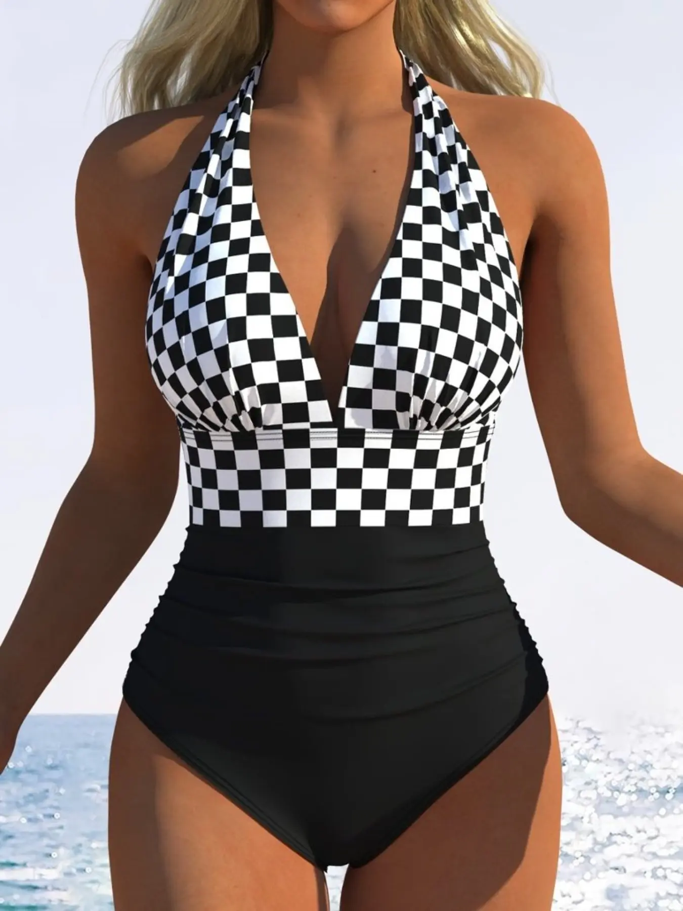 Women's Fashion New One-Piece Swimsuit, Plaid Print Classic Style, Slimming Halter Neck Beach Vacation Swimwear, Trendy Summer, Fashionable Swimsuit, Halter Bathing Suit