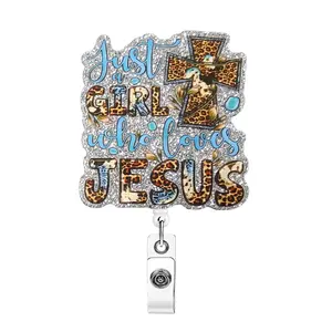Just A Girl Who Loves Jesus Themed Retractable Badge Reel, Cute Badge Scroll Badge Clip, ID Card Pack, ID Badge Holder, Premium Decorative Badge, Badge Accessories for Student Office Staff Doctor Nurse Teacher