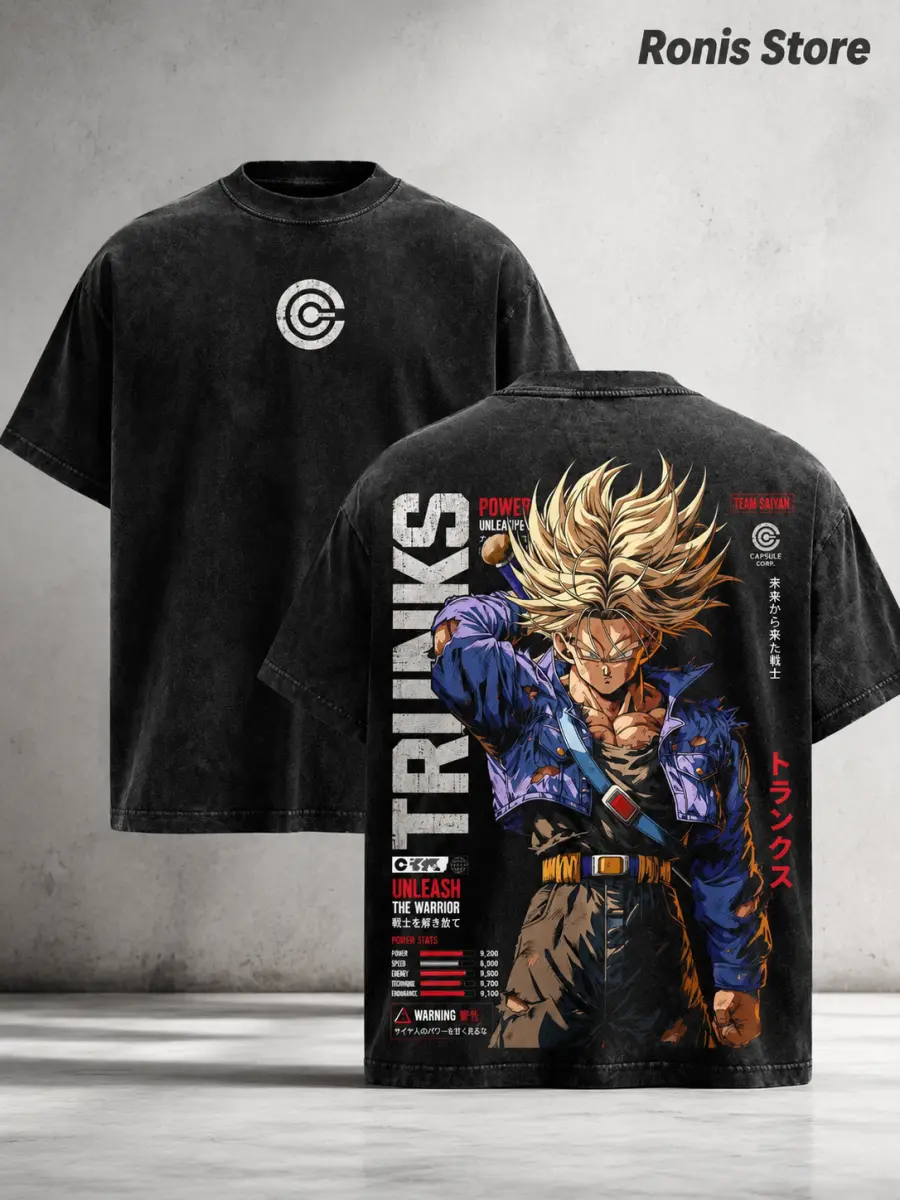 Trunks DBZ T-Shirt, Future Trunks Capsule Corp Graphic Tee, Back Print Vintage 90s Anime Shirt, Graphic Tees Men, Trendy Tshirts, Men's T Shirts, DBZ Streetwear, Unisex Cotton Distressed Tee, Merch For Men, Men Fashion Graphic Tee Baggy Black