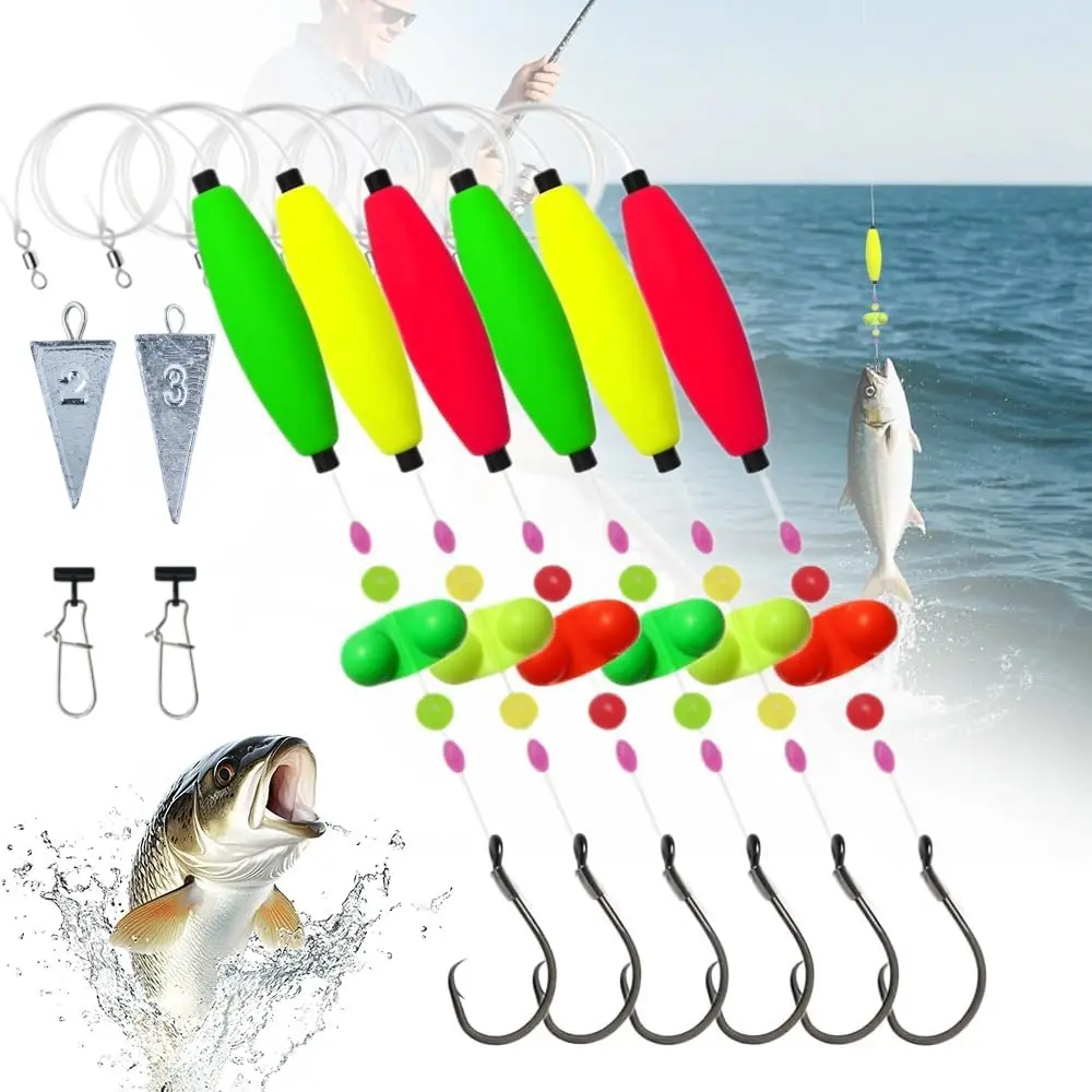 Catfish Rigs Santee Rig Catfish Float Rigs Circle Hooks 5/0 6/0 8/0 Catfishing Tackle 6pcs with 2 Sinker Sliders,2 Pyramid Sinker Catfish Fishing Tackle Making Kit Equipment Accessories with Float,Hook,Swivel and Fishing Bell