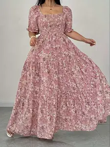 Women's Plus Size Fashion Womenswear Shirred Casual Wear Elegant Spring Dress, Floral Pattern, Short Sleeve, Loose-Fitting Midi Dress, Woven Fabric